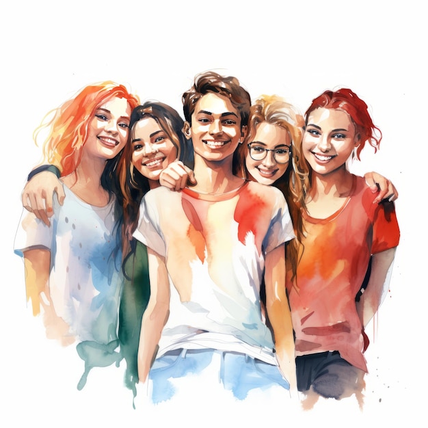 Zdjęcie wybuchy przyjaźni żywy szkic kolorowej grupy młodych kaukazyjskich dorosłych na białym płótnie