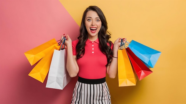 Wychodzi atrakcyjna kobieta w stylowym kolorowym stroju trzymająca torby na zakupy z wychodzącą szczęśliwą twarzą