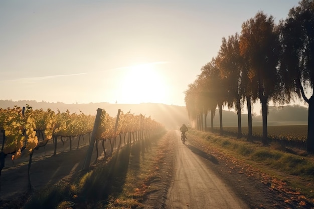 Wycieczka rowerowa w stylu vintage przez malowniczą winnicę z jesiennym słońcem, stworzona za pomocą generatywnej sztucznej inteligencji