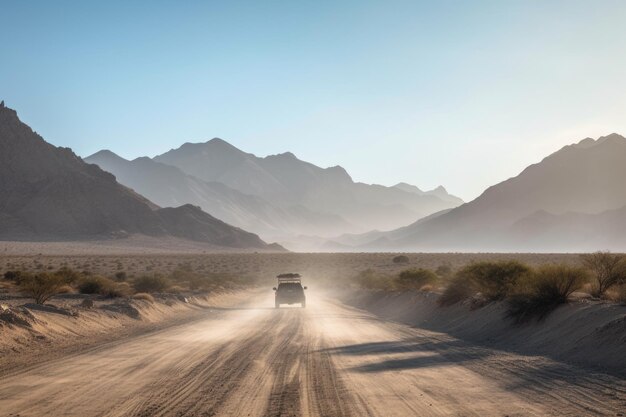 Wycieczka samochodowa po zakurzonej pustynnej drodze z górami w tle stworzona za pomocą generatywnej sztucznej inteligencji