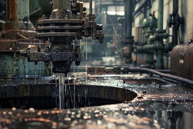 Zdjęcie wyciek wody w fabryce z wodą kroplającą z dużego kawałka maszyny