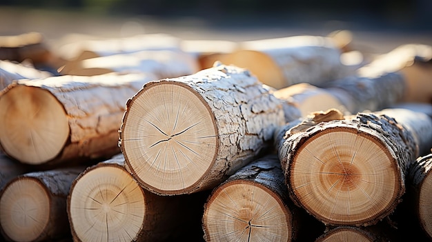 Wycięte drewno topolowe ułożone z bliska stos świeżo wyciętych drewna topolowe pokazujące naturalne wzory i roczne pierścienie Wycięte drzewa przygotowane do usunięcia Generatywna sztuczna inteligencja