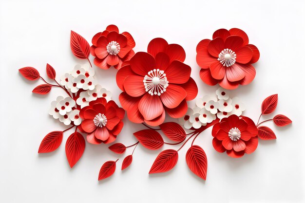 Zdjęcie wycięte z papieru czerwone i białe kwiaty na białej kopercie na białym tle kartka z pozdrowieniami na wakacje lub wydarzenie koncepcja kreatywna rękodzieła tło kwiatowe