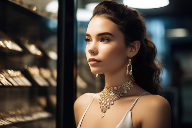 Wycięte zdjęcie atrakcyjnej młodej kobiety w sklepie z biżuterią stworzone za pomocą generatywnej sztucznej inteligencji