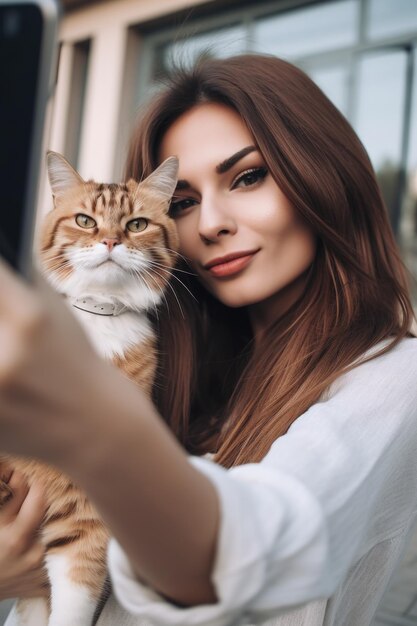 Wycięte zdjęcie kobiety robiącej selfie ze swoim kotem