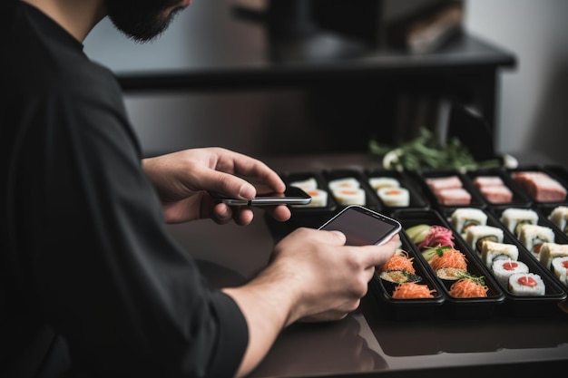 Wycięte zdjęcie mężczyzny zamawiającego sushi na telefonie stworzone za pomocą sztucznej inteligencji generatywnej