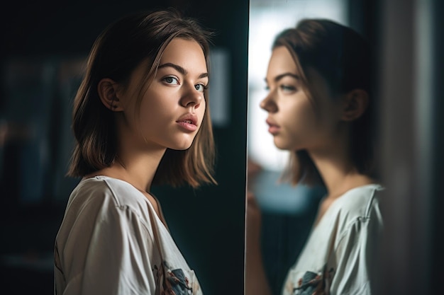 Wycięte zdjęcie młodej kobiety patrzącej na siebie w lustrze stworzone za pomocą sztucznej inteligencji generatywnej