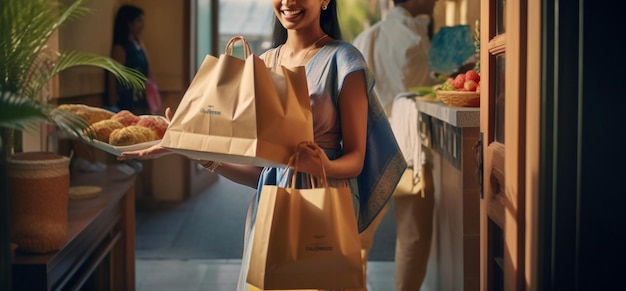 Wycięte zdjęcie młodej kobiety w żółtej koszulce trzymającej papierową torbę z jedzeniem, stojącej w kuchni.