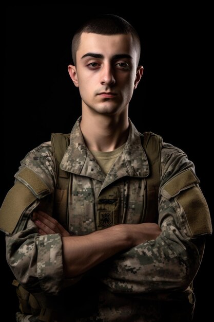 Wycięte zdjęcie studijne żołnierza stojącego z skrzyżowanymi ramionami stworzone za pomocą generatywnej sztucznej inteligencji