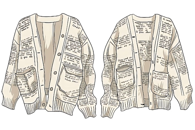 Zdjęcie wycięty cardigan z cytatami z książek napisanymi z przodu z ilustracją kolekcja płaskich ubrań