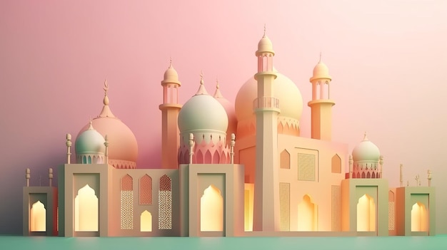 Wycięty z papieru meczet na różowym tle.