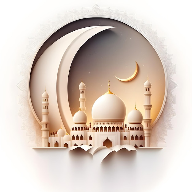 Wycięty z papieru projekt meczetu z półksiężycem w tle eid ramadan aladha