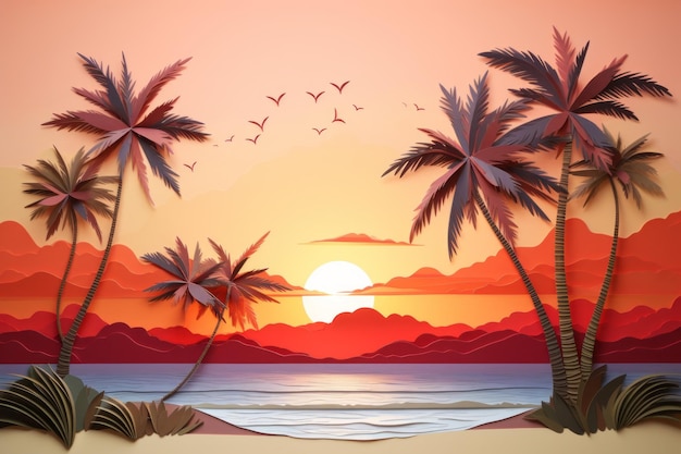 Wycięty z papieru zachód słońca w widoku raju Piękna ilustracja przedstawiająca generatywną sztuczną inteligencję