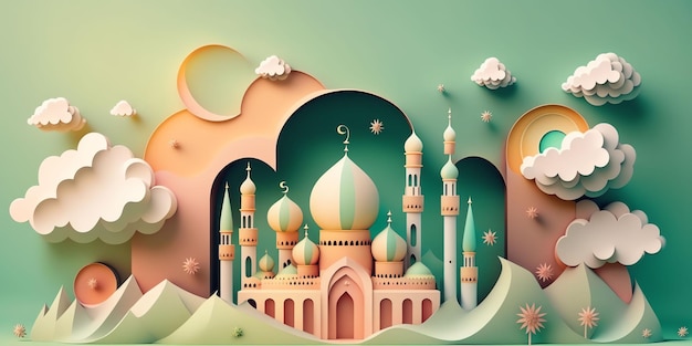 Wycinana z papieru ilustracja przedstawiająca meczet i księżycową tapetę ramadhan tapetę eid mubarak