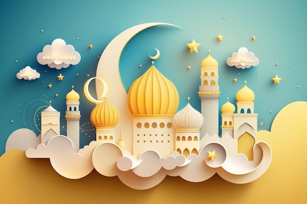 Wycinana z papieru ilustracja przedstawiająca meczet i księżycową tapetę ramadhan tapetę eid mubarak