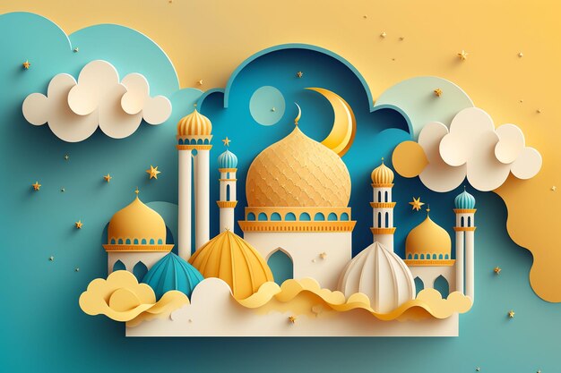 Wycinana z papieru ilustracja przedstawiająca meczet i księżycową tapetę ramadhan tapetę eid mubarak