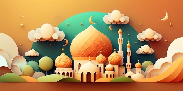 Wycinana z papieru ilustracja przedstawiająca meczet i tapetę motywu księżyca eid mubarak ramadhan