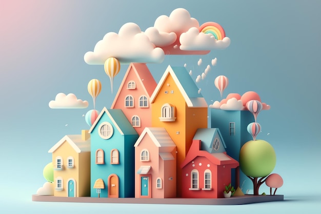 Wycinana z papieru ilustracja przedstawiająca rząd kolorowych domów z tęczami i chmurami