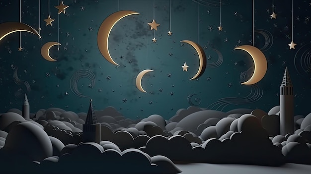 Wycinanka z papieru przedstawiająca księżyc i gwiazdy z księżycem i gwiazdami nad nim.