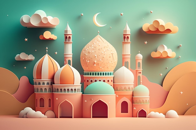 Wycinanka z papieru przedstawiająca meczet z księżycem i gwiazdami