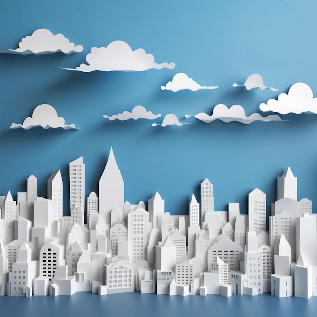 Zdjęcie wycinanka z papieru przedstawiająca panoramę miasta otoczona wycięciami środowiskowymi podkreślającymi zrównoważony rozwój miast