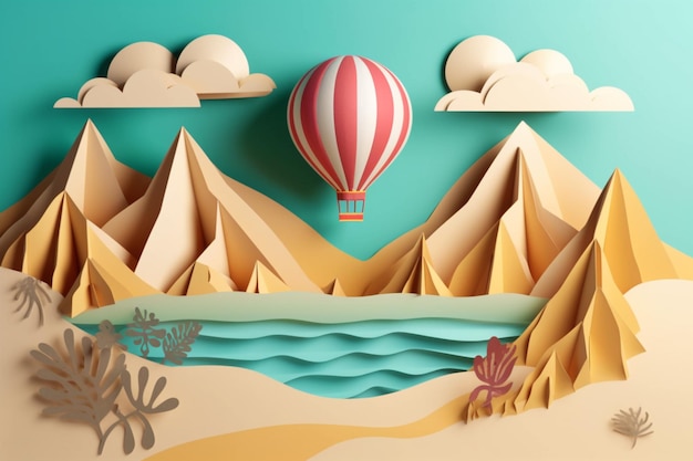 Wycinanki z papieru przedstawiające balon na ogrzane powietrze lecący nad plażą i górami.