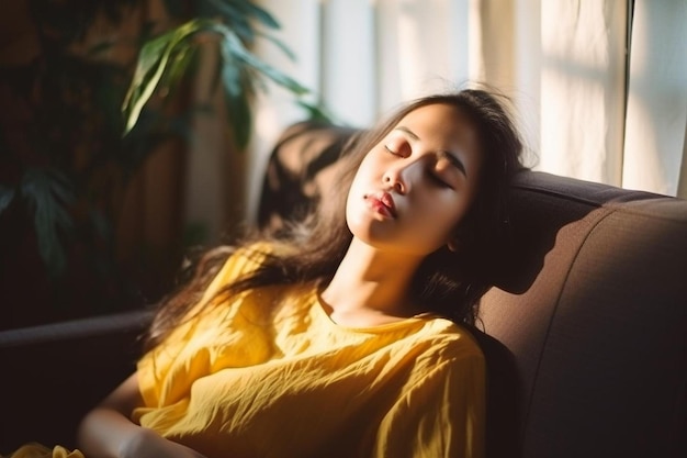 Wyczerpana azjatycka koreańska kobieta odpoczywa śpiąc na kanapie po ciężkim dniu pracy zmęczona młoda