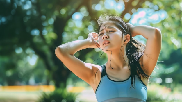 Wyczerpana i spocona młoda Azjatka w stroju sportowym walczy z falą upału podczas biegania w parku w słoneczny letni dzień letnia aktywność udar ciepła odwodniony