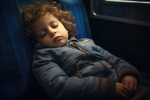 Wyczerpany chłopiec drzemał na siedzeniu pociągu podczas długiej podróży