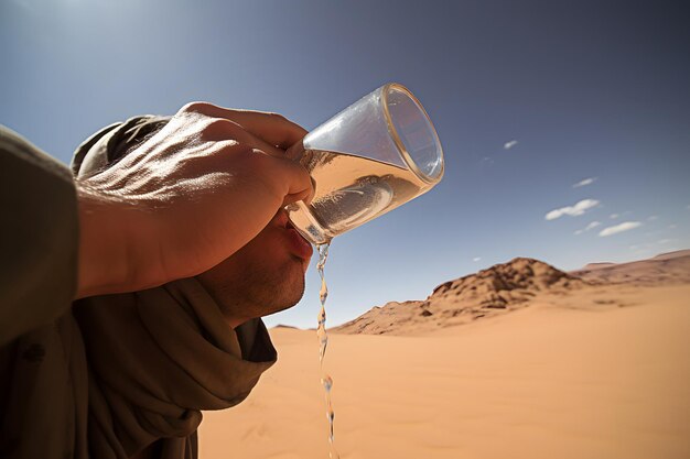Wyczerpany, spragniony dorosły arabski mężczyzna pijący wodę ze szkła Niedobór wody i koncepcja zmiany klimatu