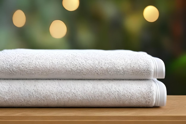 Wyczyść składany ręcznik w dwóch białych kolorach, ładnie i schludnie ułóż jeden na drugim przy stole zewnętrznym do kąpieli fitness, masażu pływackiego i tła marketingowego spa oraz materiałów projektowych