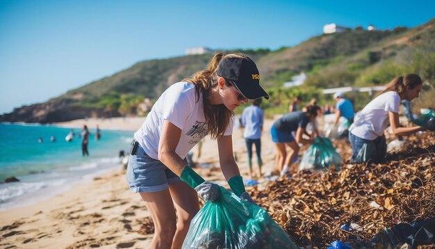 Wydarzenie sprzątania plaży z udziałem wolontariuszy w każdym wieku zbierających śmieci Światowa Edukacja Środowiskowa