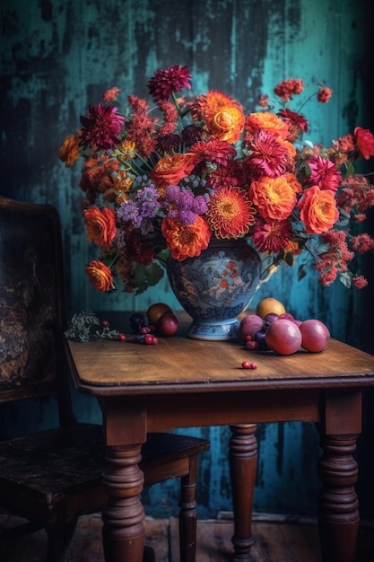 Wydłużona kompozycja kwiatowa na stole w starym metalowym wazonie Kolor niebieski i czerwony Generacyjna sztuczna inteligencja