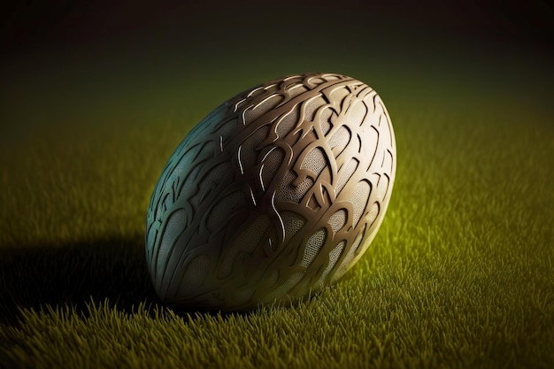Wydłużona piłka wykonana z lekkiej skóry do gry w futbol amerykański leży na trawie stadionu generatywnego ai