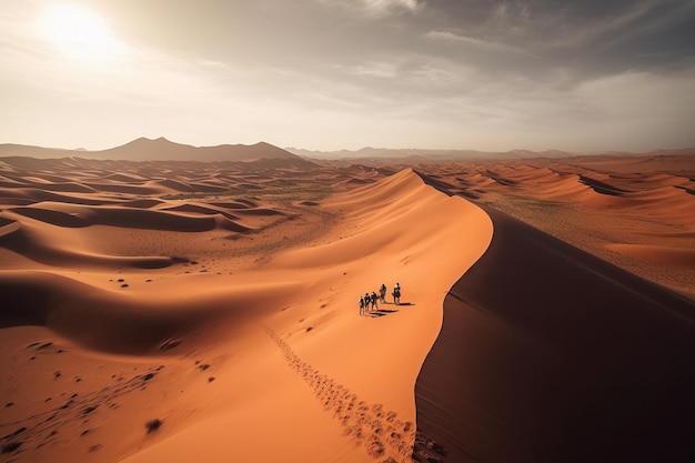 Wydmy na pustyni z wielbłądami o zachodzie słońca