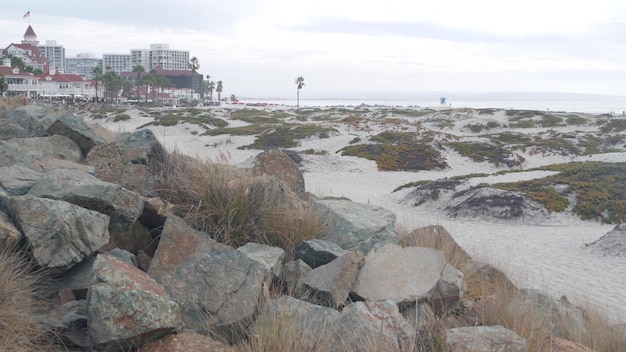 Wydmy z mglistej plaży coronado fale oceanu we mgle wybrzeże kalifornii usa