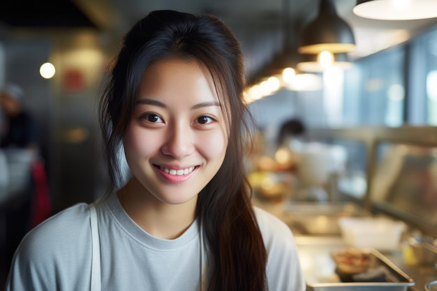 wygenerowana ai młoda azjatycka kobieta z szczęśliwym wyrazem twarzy i koncepcją jedzenia sushi