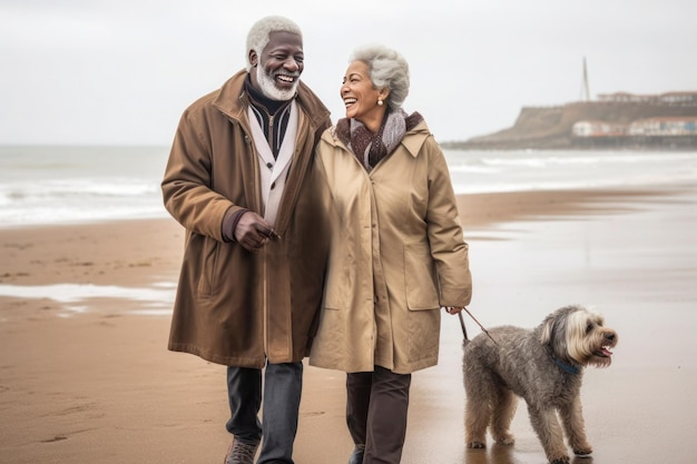 Wygenerowana czarna starsza para z siwymi włosami spacerująca z psem wzdłuż wybrzeża morskiego
