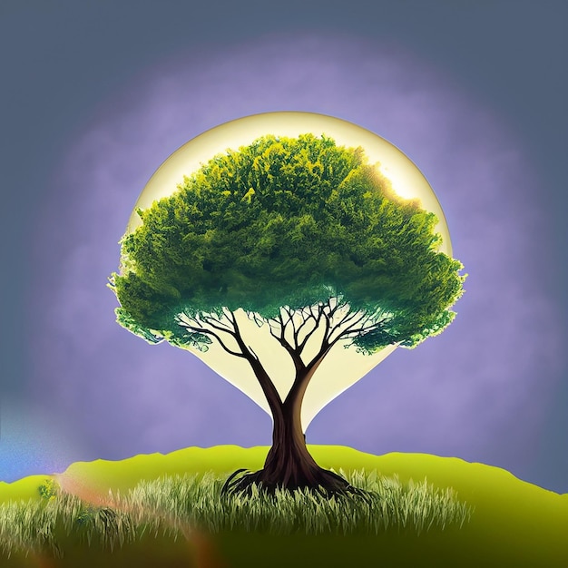 Wygenerowana ilustracja Drzewo rosnące w lekkiej plamce odizolowane na trawie lub łące