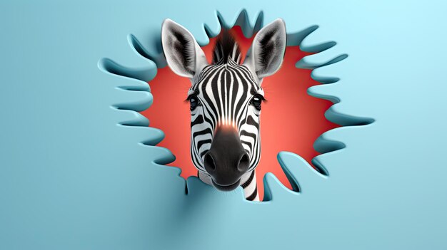 Zdjęcie wygenerowana ilustracja zebra patrząca przez dziurę wyrwaną ze ściany