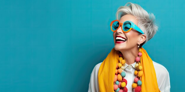 Wygenerowana przez AI generatywna starsza kobieta z okularami przeciwsłonecznymi Śliczna piękna dekoracja mody tło w jasnych kolorach Ilustracja graficzna