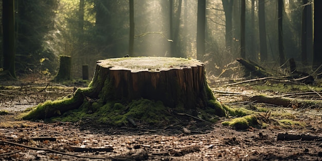 Wygenerowana przez AI generatywna sztuczna inteligencja Drewniany kikut w lesie w dżungli Natura na zewnątrz krajobrazu tło Ilustracja graficzna