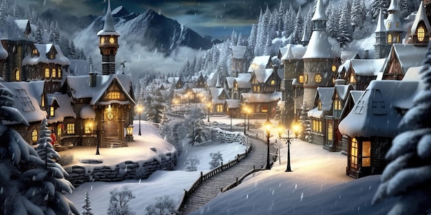 Zdjęcie wygenerowana przez ai generatywna wioska z kreskówek, boże narodzenie, nowy rok, śniegowe domy