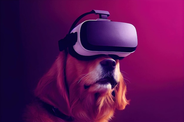 Wygenerowana przez AI grafika przedstawiająca uroczego psa z zestawem słuchawkowym VR w studio