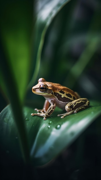 Wygenerowana przez AI ilustracja plamistej pomarańczowo-brązowej żaby na zielonym liście