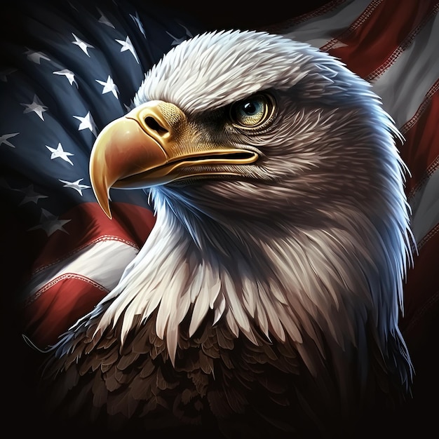 Wygenerowana przez AI ilustracja przedstawiająca amerykańską flagę z głową orła