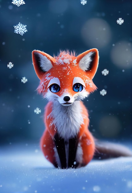 Wygenerowana przez sztuczną inteligencję hiperrealistyczna ilustracja 3D przedstawiająca uroczego lisa na śniegu