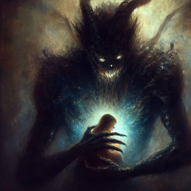 Wygenerowana przez sztuczną inteligencję ilustracja ciemnego demona obejmującego świecącą postać