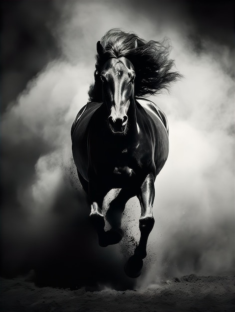 Zdjęcie wygenerowana przez sztuczną inteligencję ilustracja czarnego konia w skali szarości