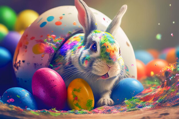 Wygenerowana przez sztuczną inteligencję ilustracja królika wielkanocnego pokrytego kolorową farbą, otoczonego kolorowymi jajkami